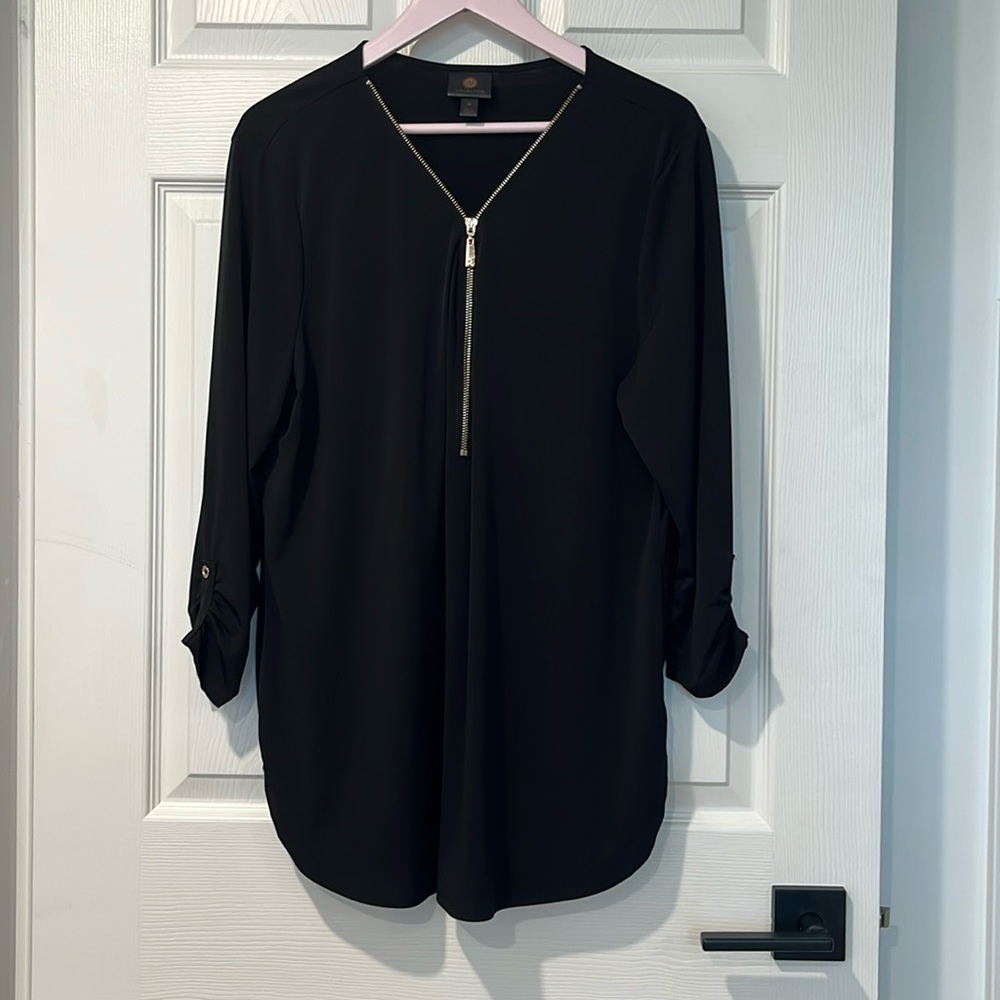 JM COLLECTION [XL] Women's Top black long sleeve gold zipper loose lightweight